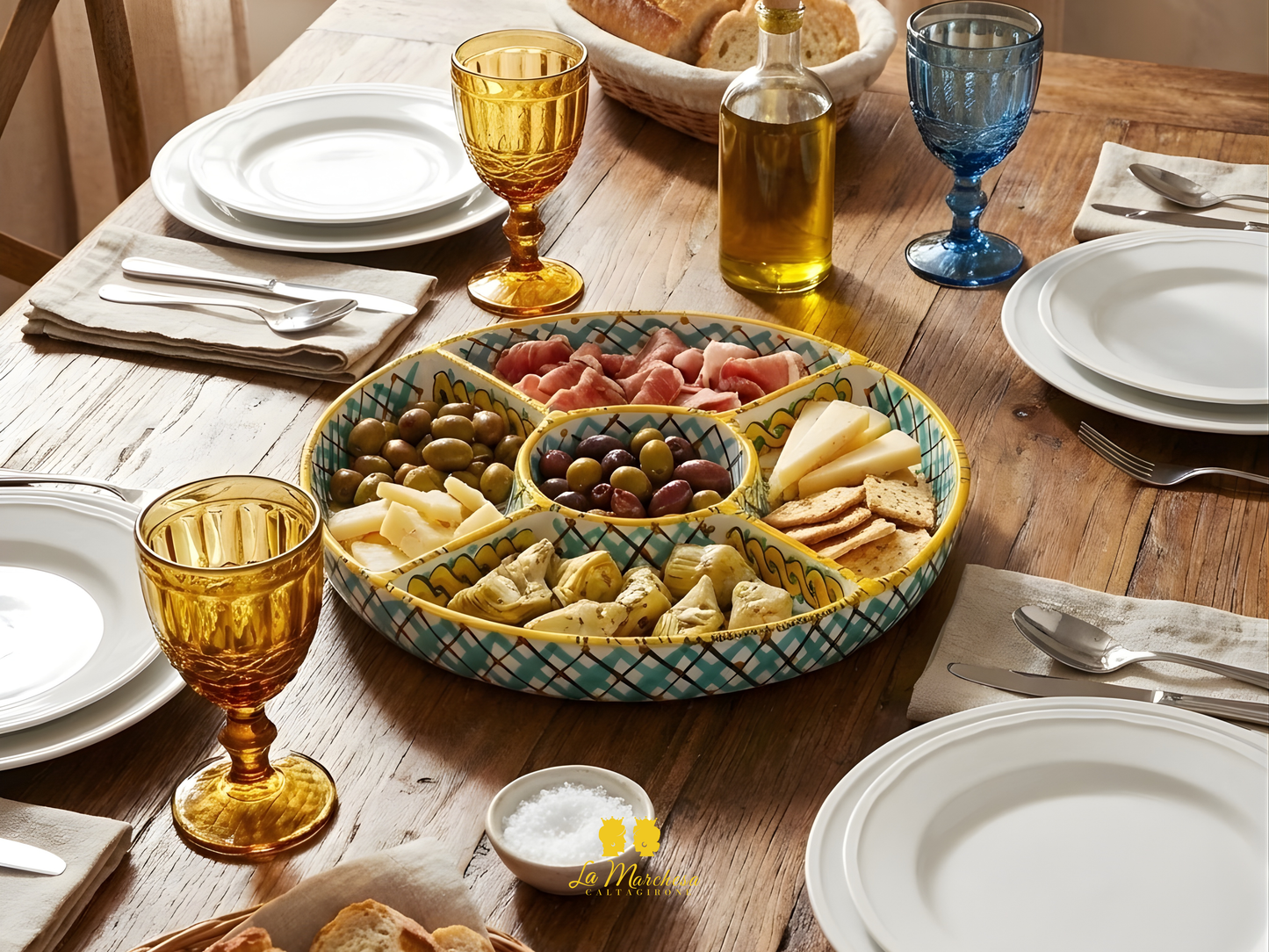 Antipastiera in Ceramica di Caltagirone Tonda 5 Scomparti - Vari Decori