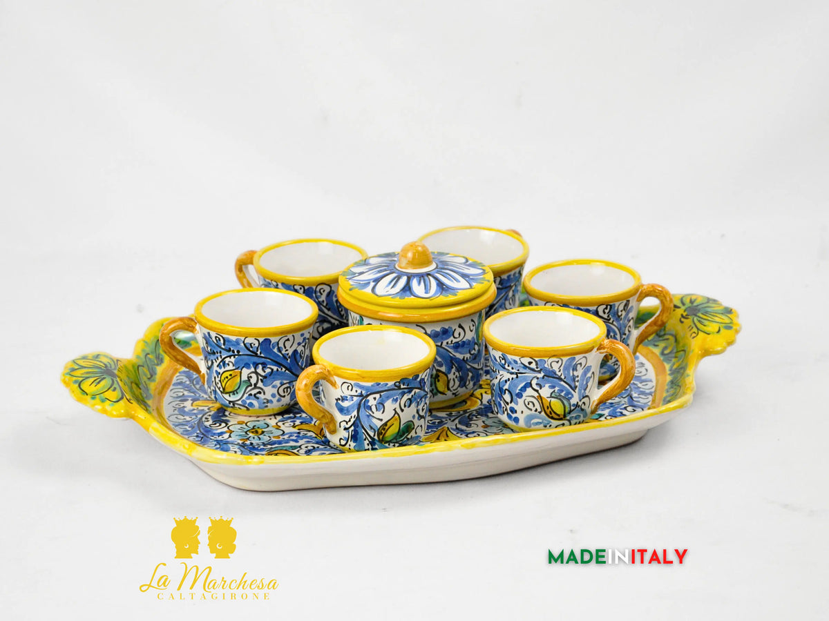 Servizio da Caffè in Ceramica di Caltagirone con Vassoio e Zuccheriera '600 Blu