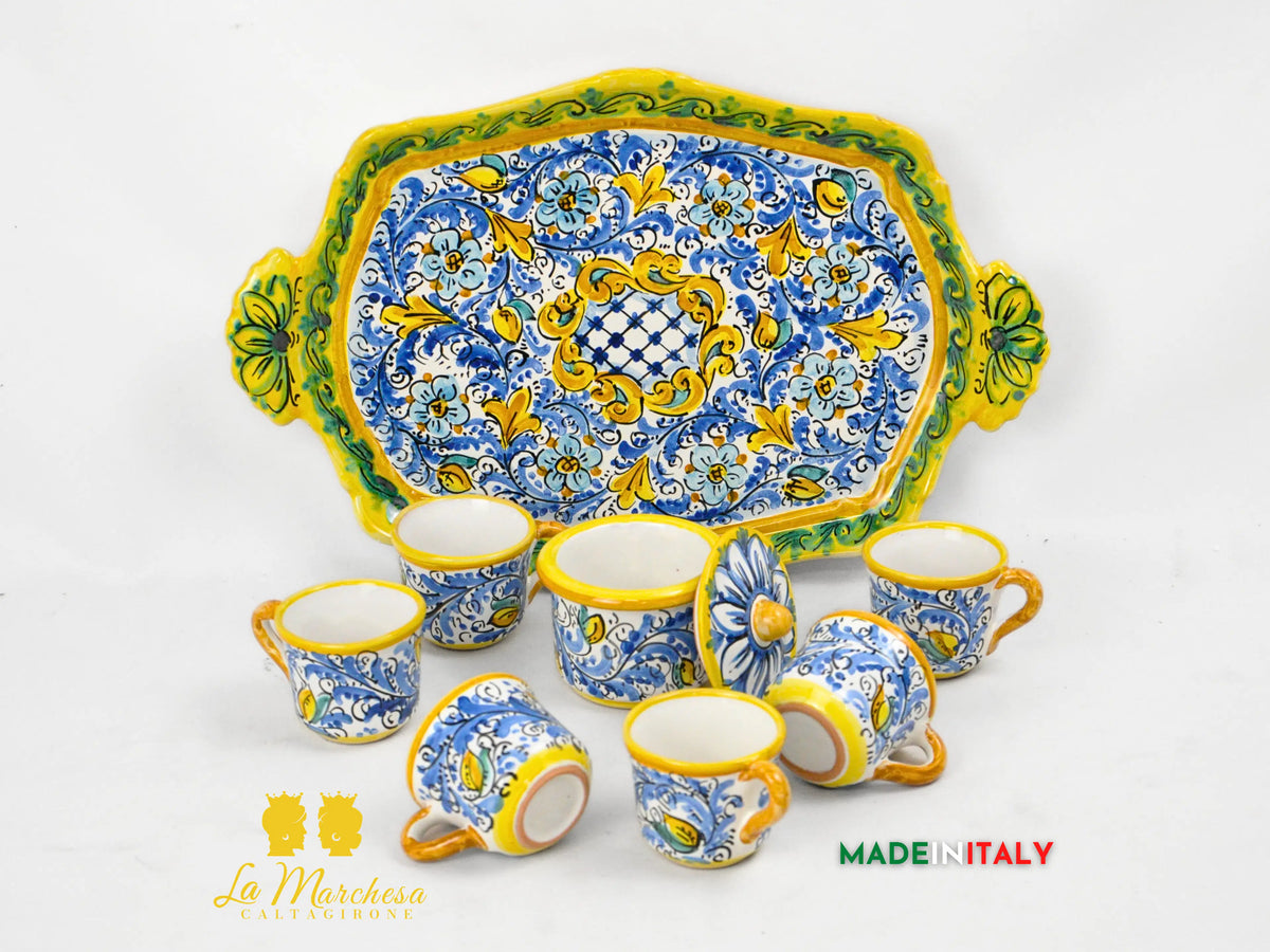 Servizio da Caffè in Ceramica di Caltagirone con Vassoio e Zuccheriera '600 Blu