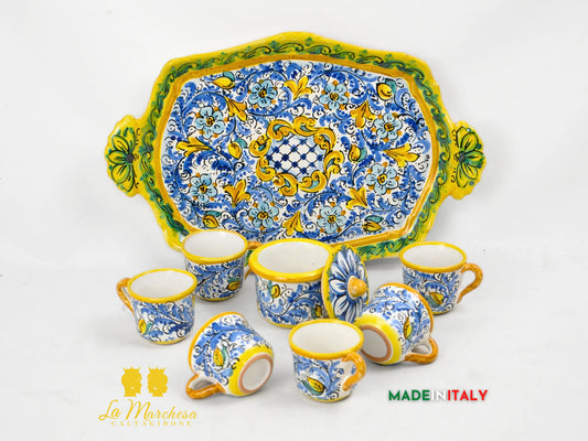 Servizio da Caffè in Ceramica di Caltagirone con Vassoio e Zuccheriera '600 Blu