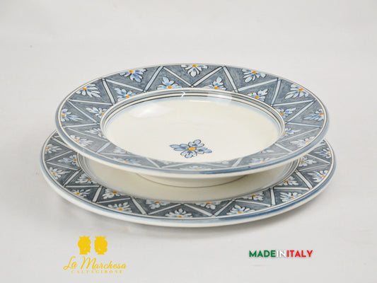 FINE SERIE - Set Servizio 2 Piatti Fiore Grigio Ceramica di Caltagirone