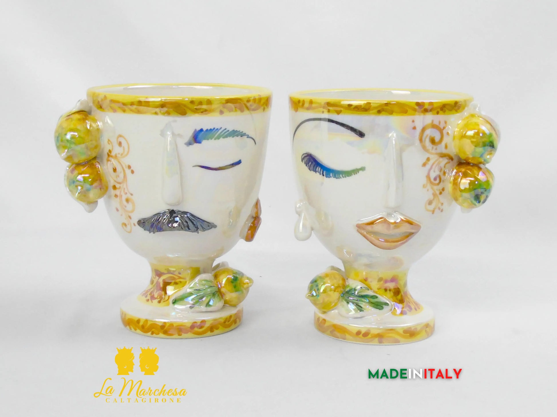 Vaso da Fiori a Viso Decorato Madreperla in Ceramica di Caltagirone 15cm - Vari Modelli