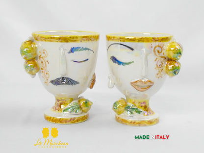 Vaso da Fiori a Viso Decorato Madreperla in Ceramica di Caltagirone 15cm - Vari Modelli