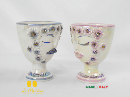 Vaso da Fiori a Viso Decorato Madreperla in Ceramica di Caltagirone 15cm - Vari Modelli
