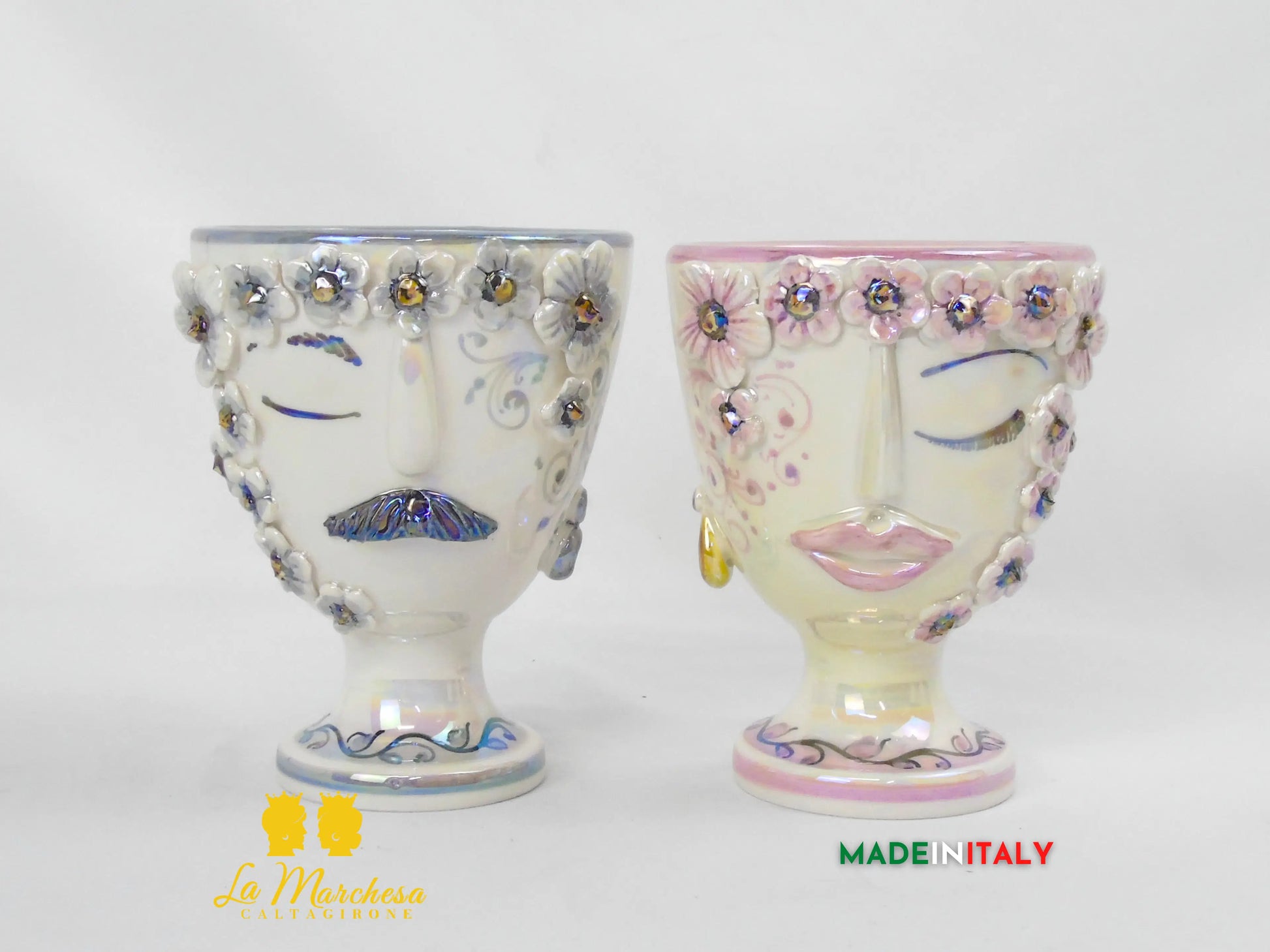 Vaso da Fiori a Viso Decorato Madreperla in Ceramica di Caltagirone 15cm - Vari Modelli