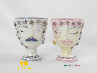 Vaso da Fiori a Viso Decorato Madreperla in Ceramica di Caltagirone 15cm - Vari Modelli