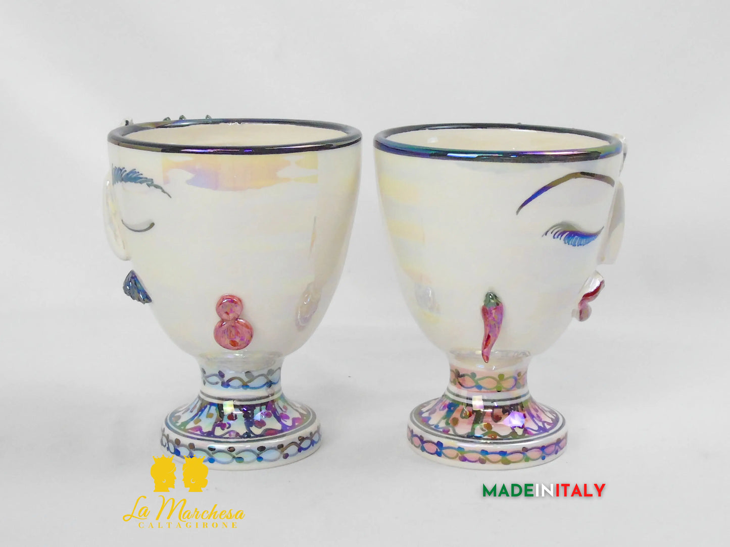 Vaso da Fiori a Viso Decorato Madreperla in Ceramica di Caltagirone 15cm - Vari Modelli
