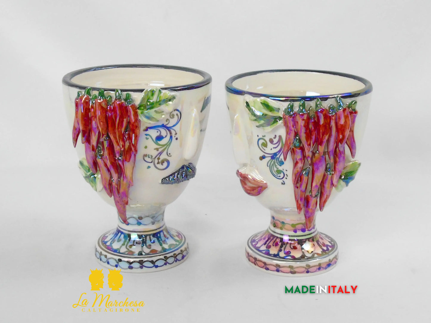 Vaso da Fiori a Viso Decorato Madreperla in Ceramica di Caltagirone 15cm - Vari Modelli