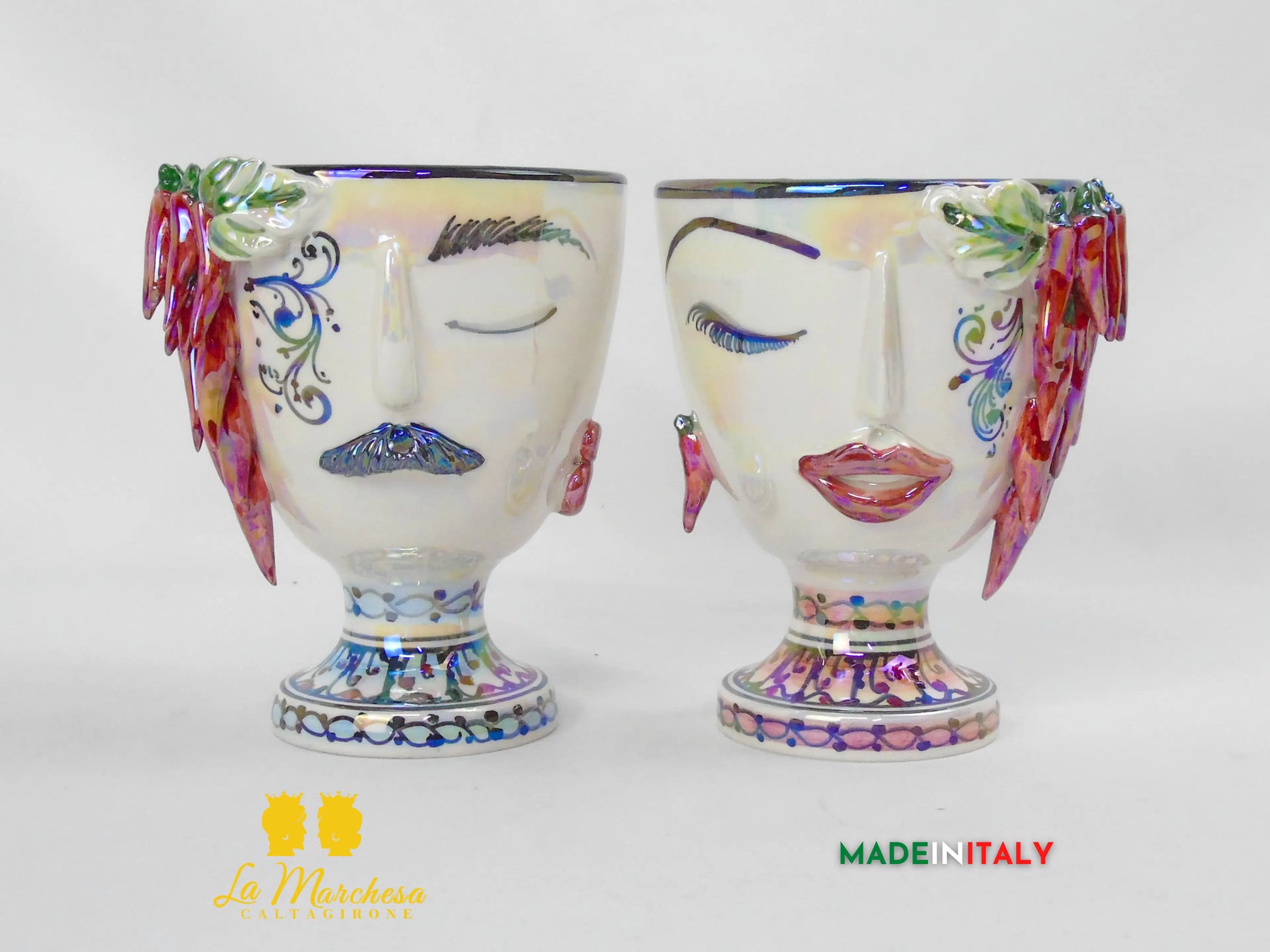 Vaso da Fiori a Viso Decorato Madreperla in Ceramica di Caltagirone 15cm - Vari Modelli