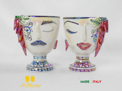 Vaso da Fiori a Viso Decorato Madreperla in Ceramica di Caltagirone 15cm - Vari Modelli