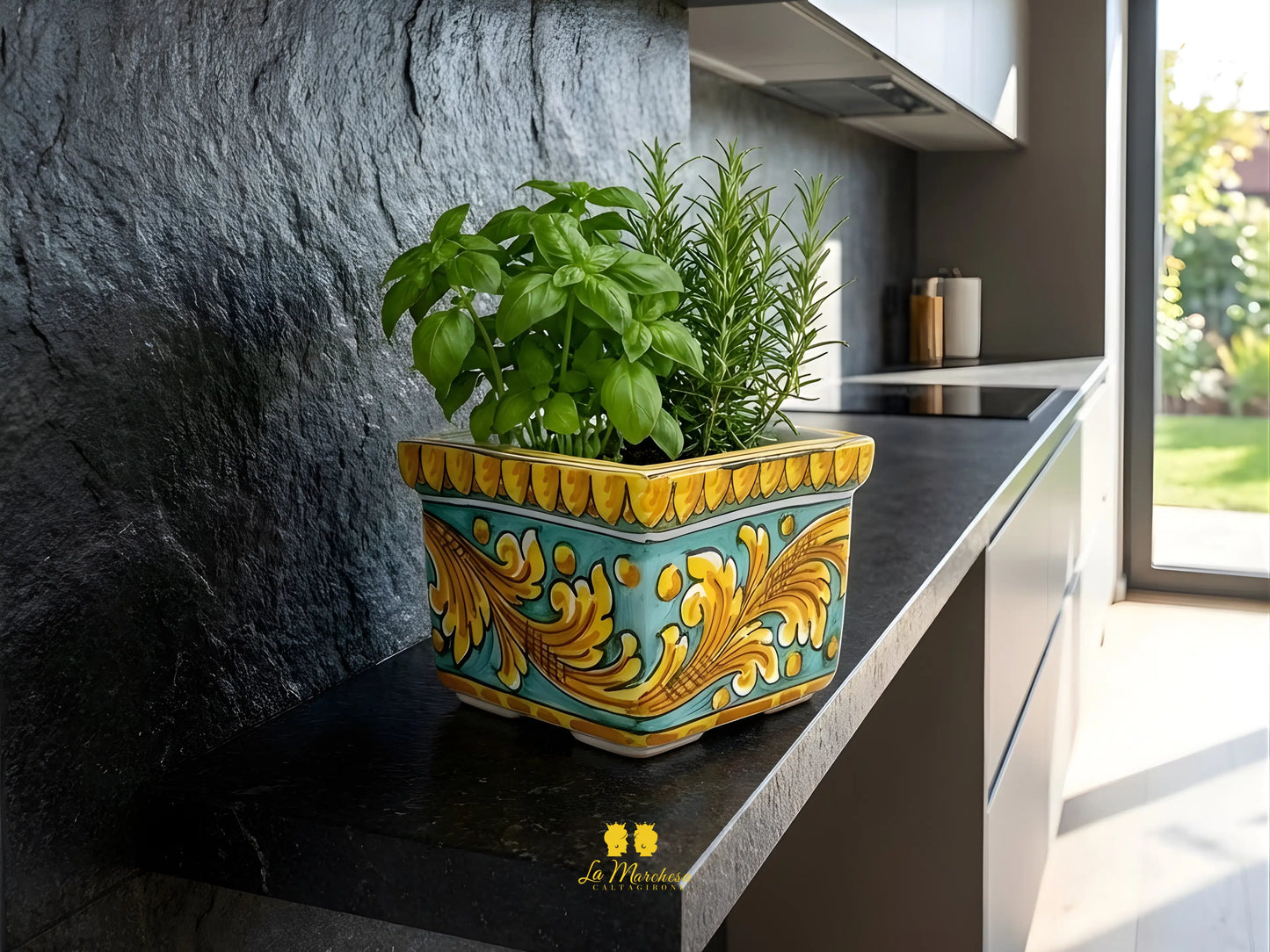 Fioriera in Ceramica di Caltagirone Quadrata Ornato 15cm