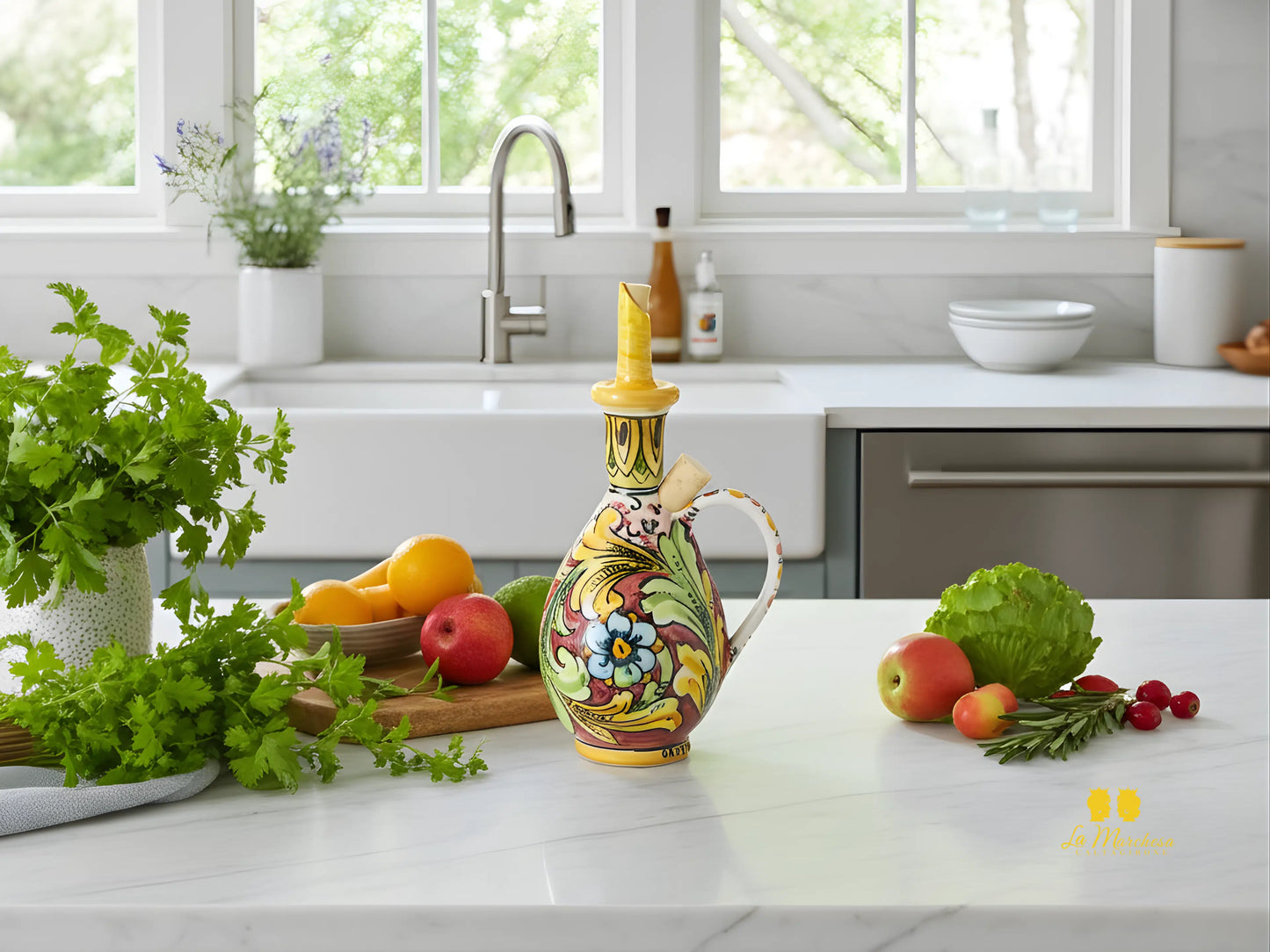 Oliera in Ceramica di Caltagirone decorata a mano tonda doppio tappo - vari decori