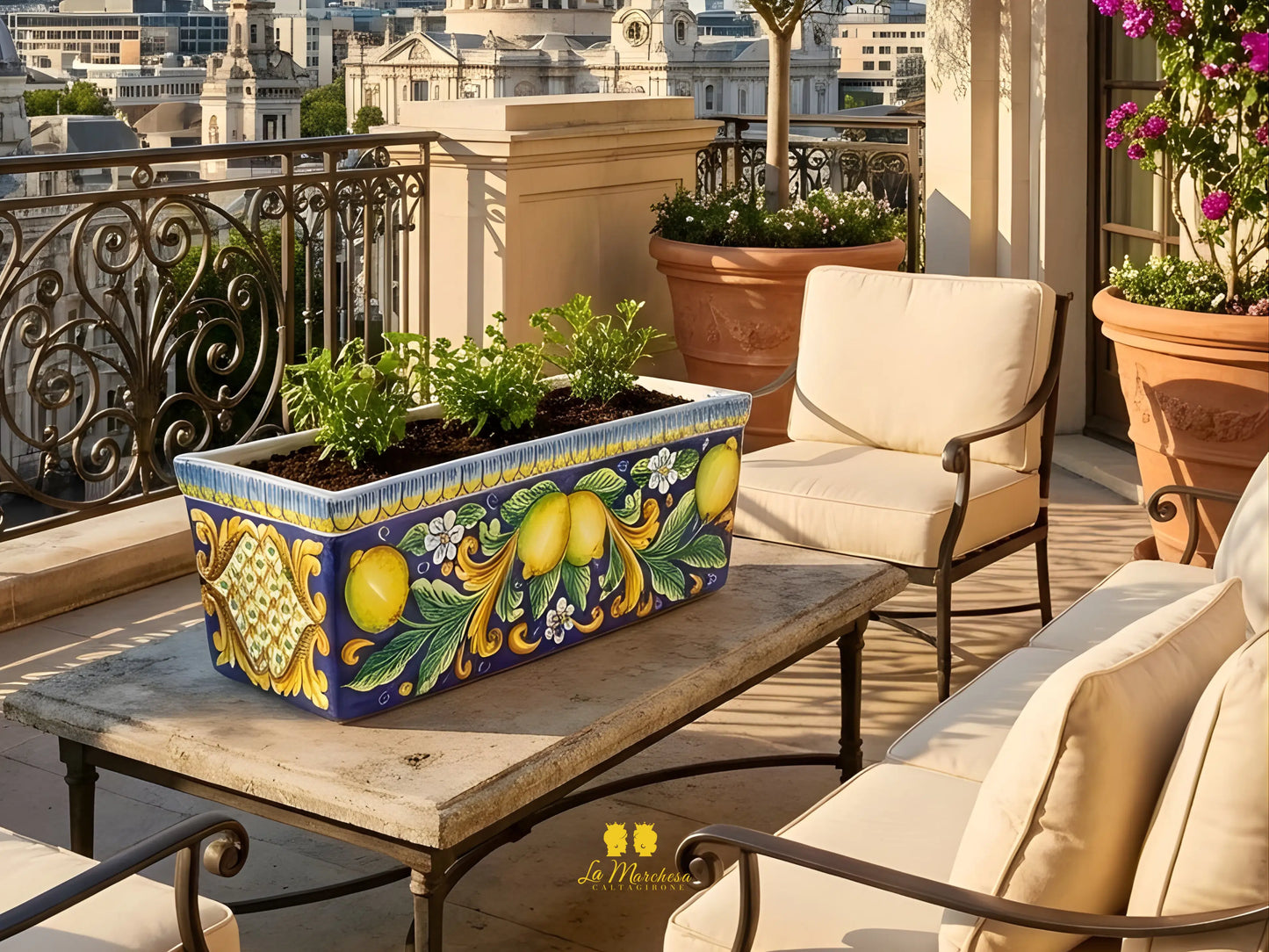Fioriera in Ceramica di Caltagirone Ornato Limoni 47cm  - Vari Colori