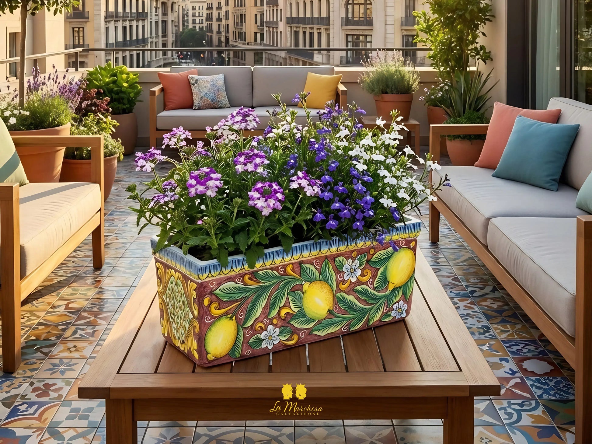 Fioriera in Ceramica di Caltagirone Ornato Limoni 47cm  - Vari Colori