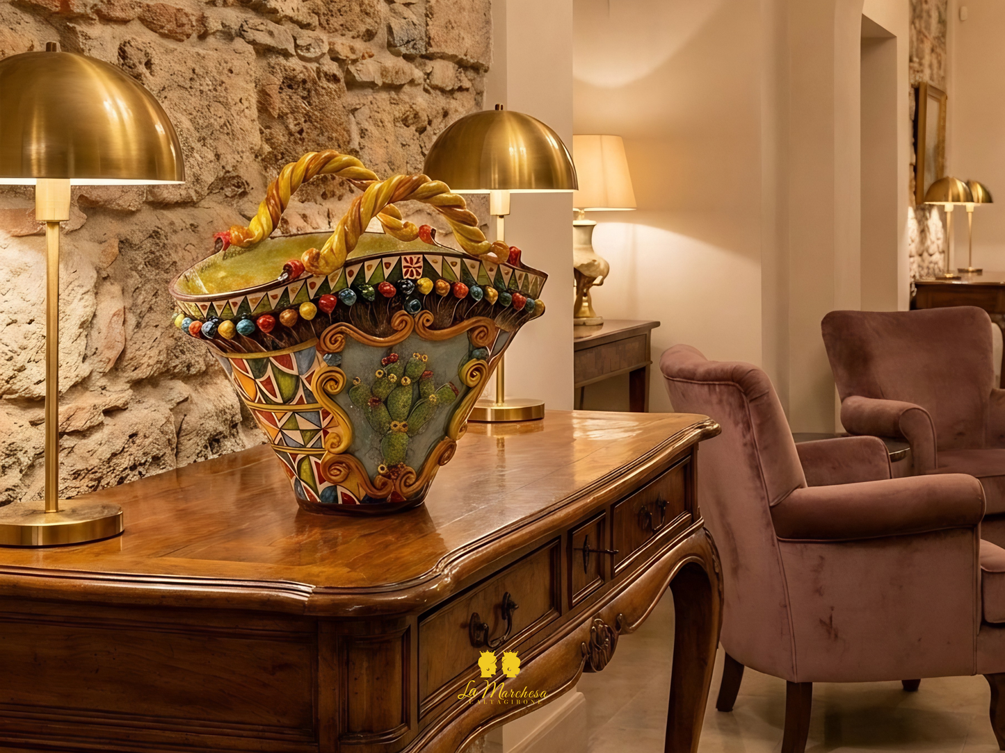 Coffa Siciliana Portavaso in Ceramica di Caltagirone Madreperla 40cm