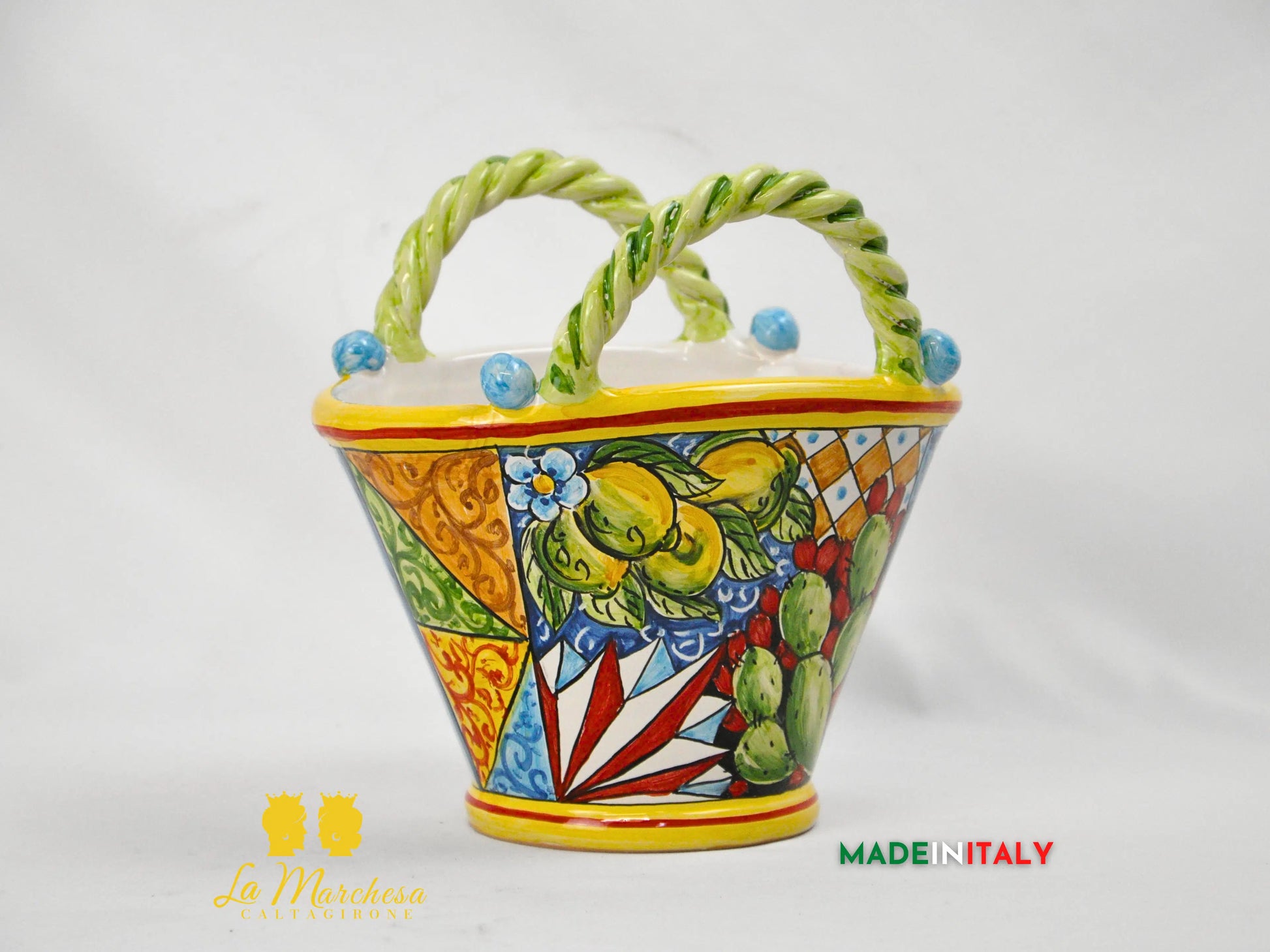 Vaso Porta Pianta Coffa Decorata in Ceramica di Caltagirone 22cm