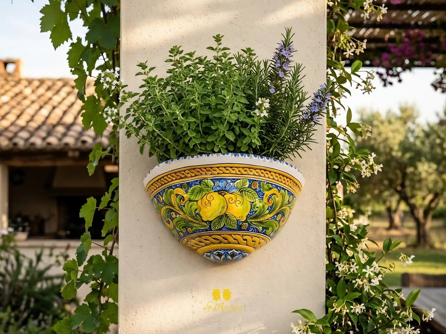 “GERLA” Portavaso da Parete in Ceramica di Caltagirone Limoni Blu - Varie Misure
