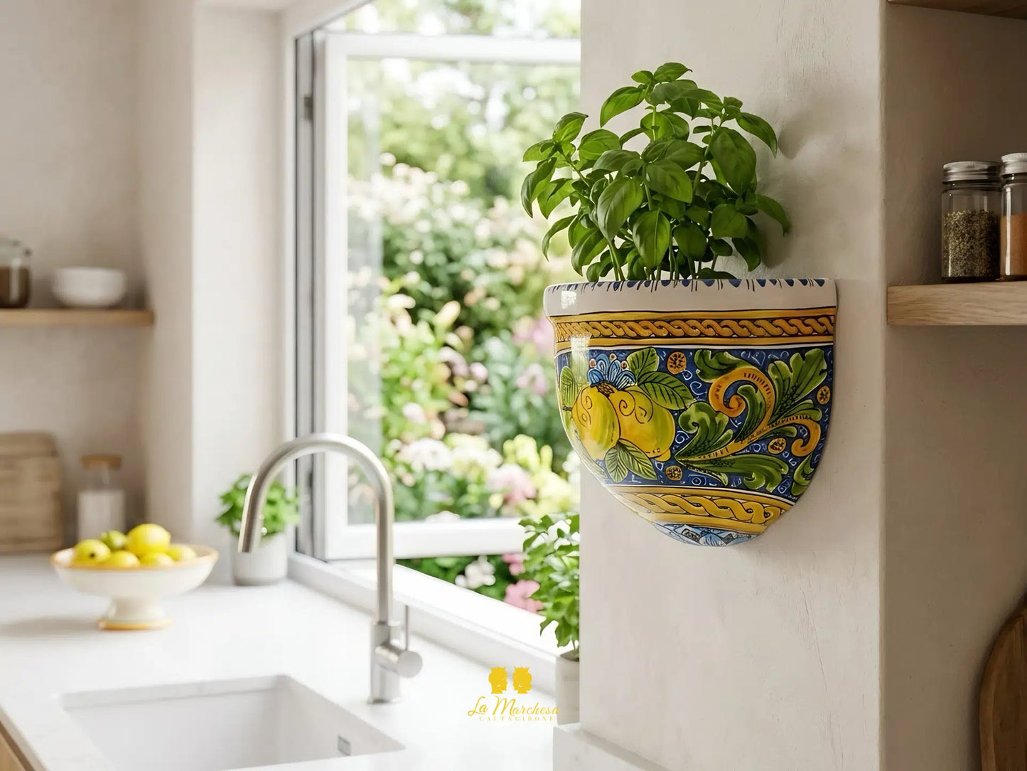 “GERLA” Portavaso da Parete in Ceramica di Caltagirone Limoni Blu - Varie Misure