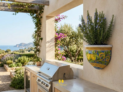 “GERLA” Portavaso da Parete in Ceramica di Caltagirone Limoni Blu - Varie Misure