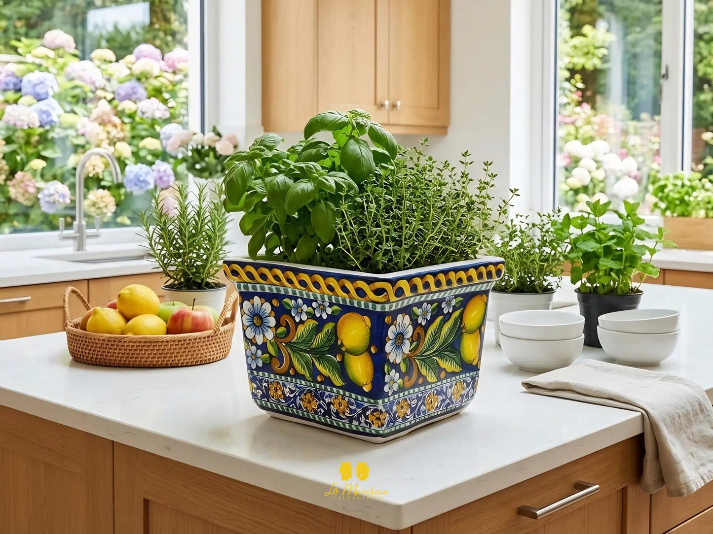 Fioriera Quadrata in Ceramica di Caltagirone Limoni 31cm