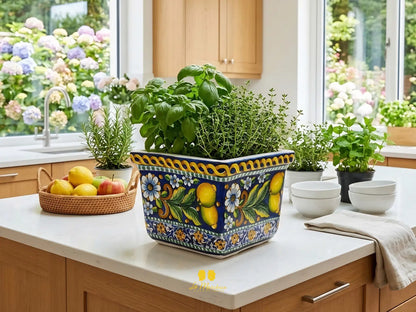 Fioriera Quadrata in Ceramica di Caltagirone Limoni 31cm