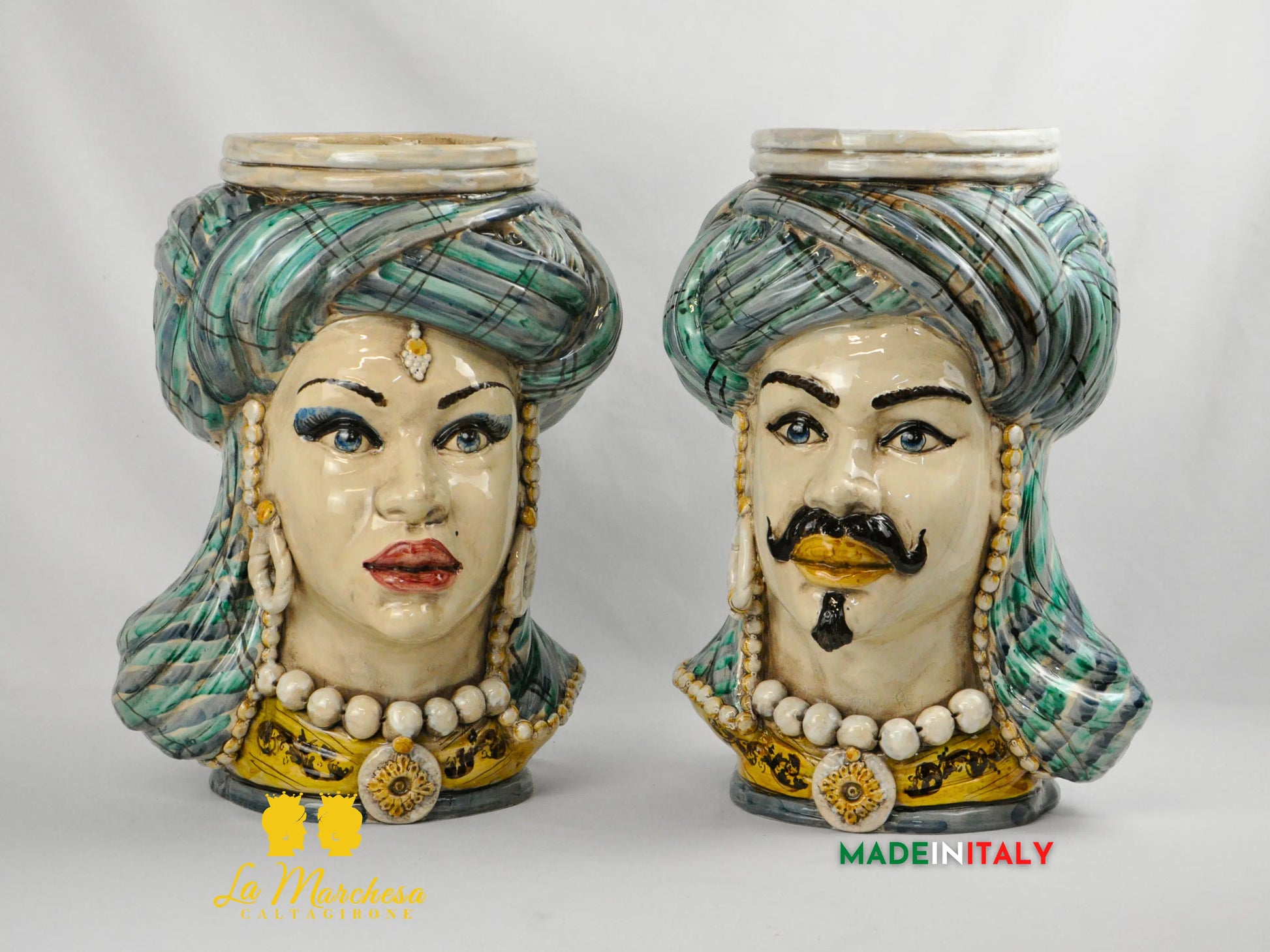 Teste di Moro Busto Turbante Verde in Ceramica di Caltagirone 43cm
