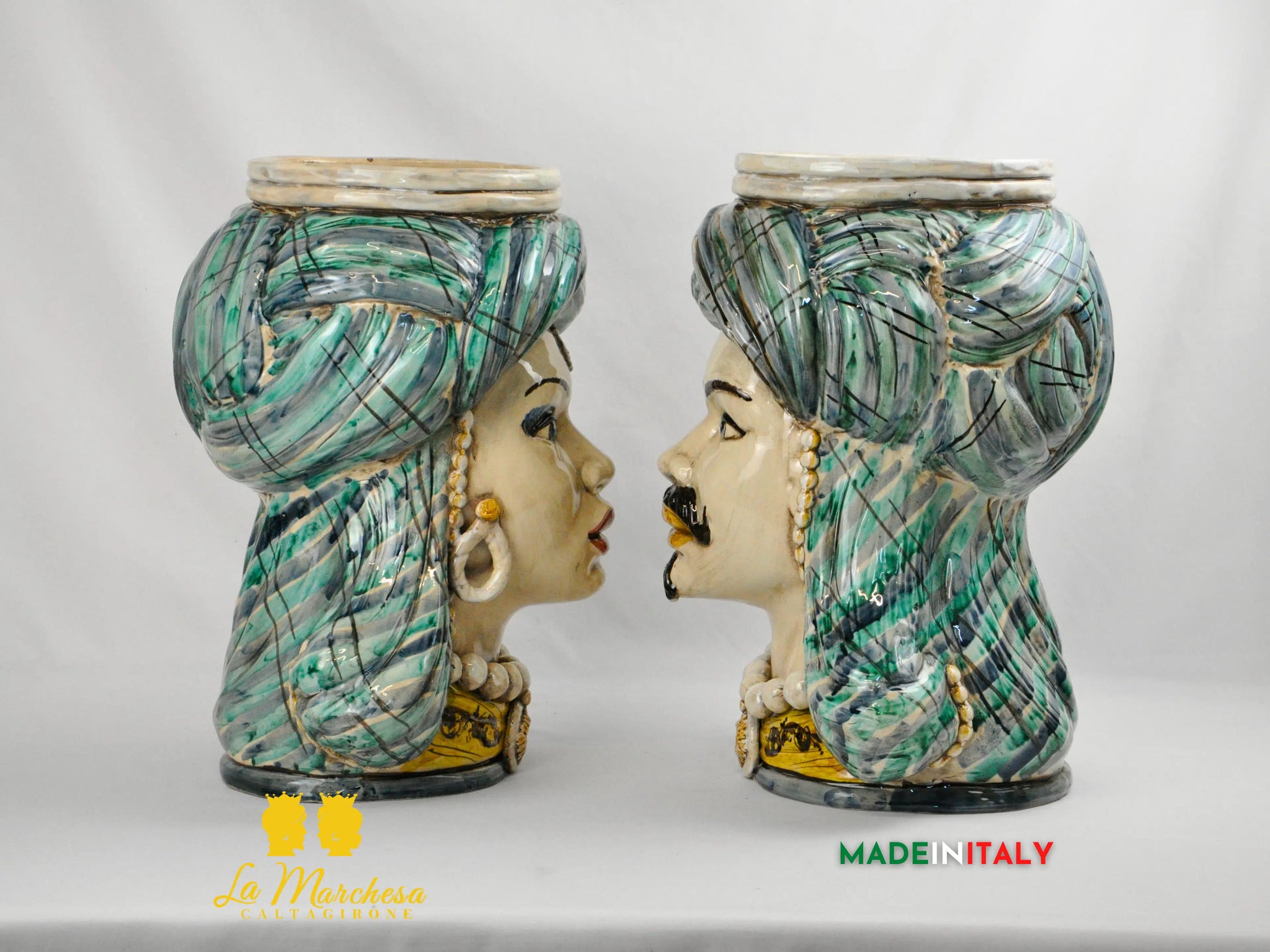 Teste di Moro Busto Turbante Verde in Ceramica di Caltagirone 43cm
