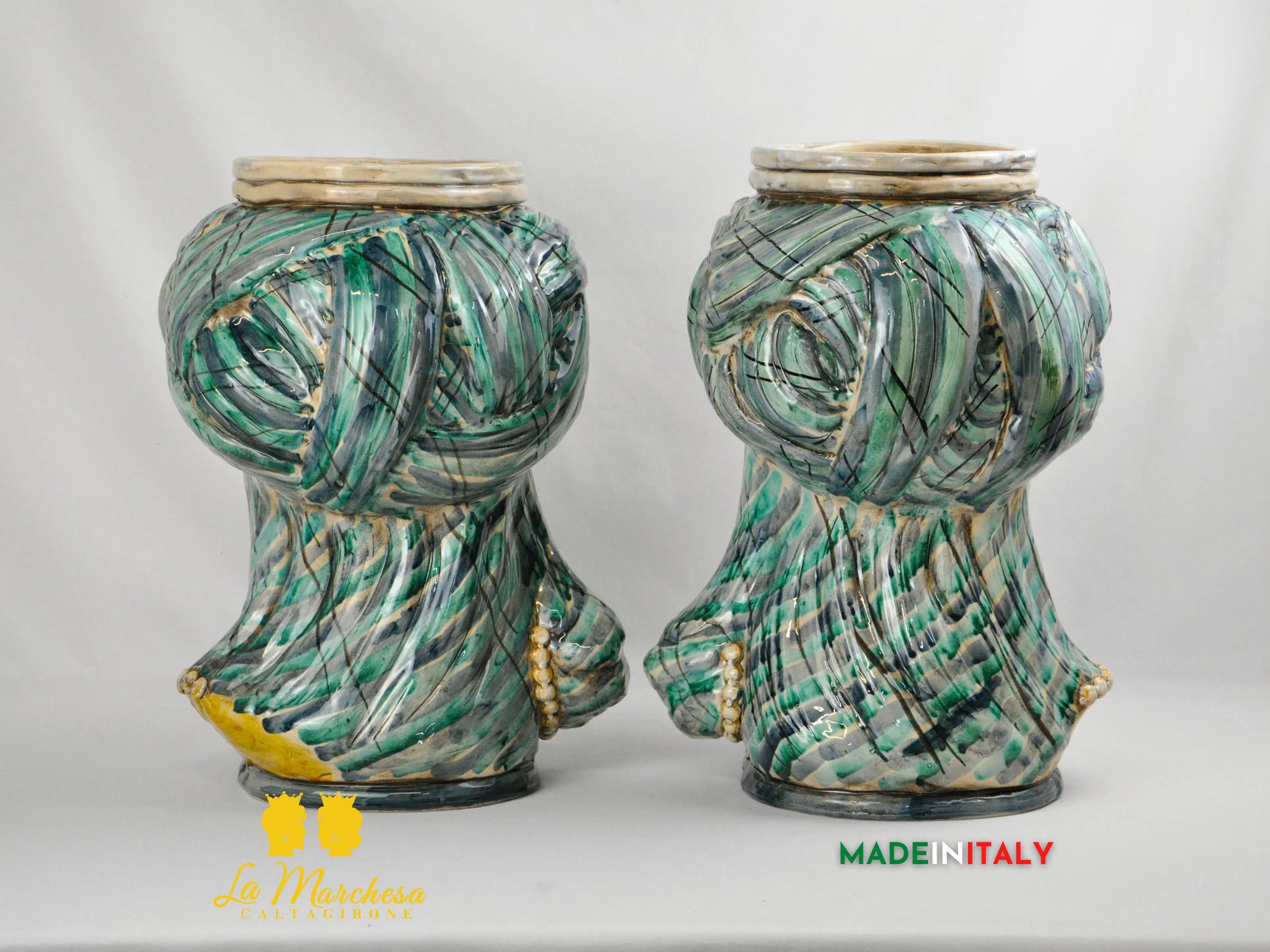Teste di Moro Busto Turbante Verde in Ceramica di Caltagirone 43cm