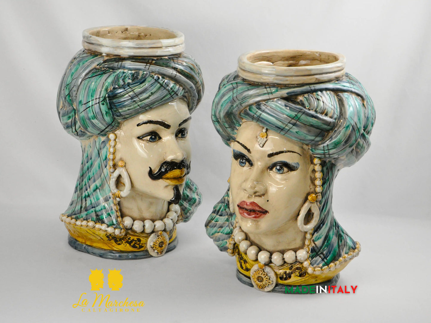 Teste di Moro Busto Turbante Verde in Ceramica di Caltagirone 43cm