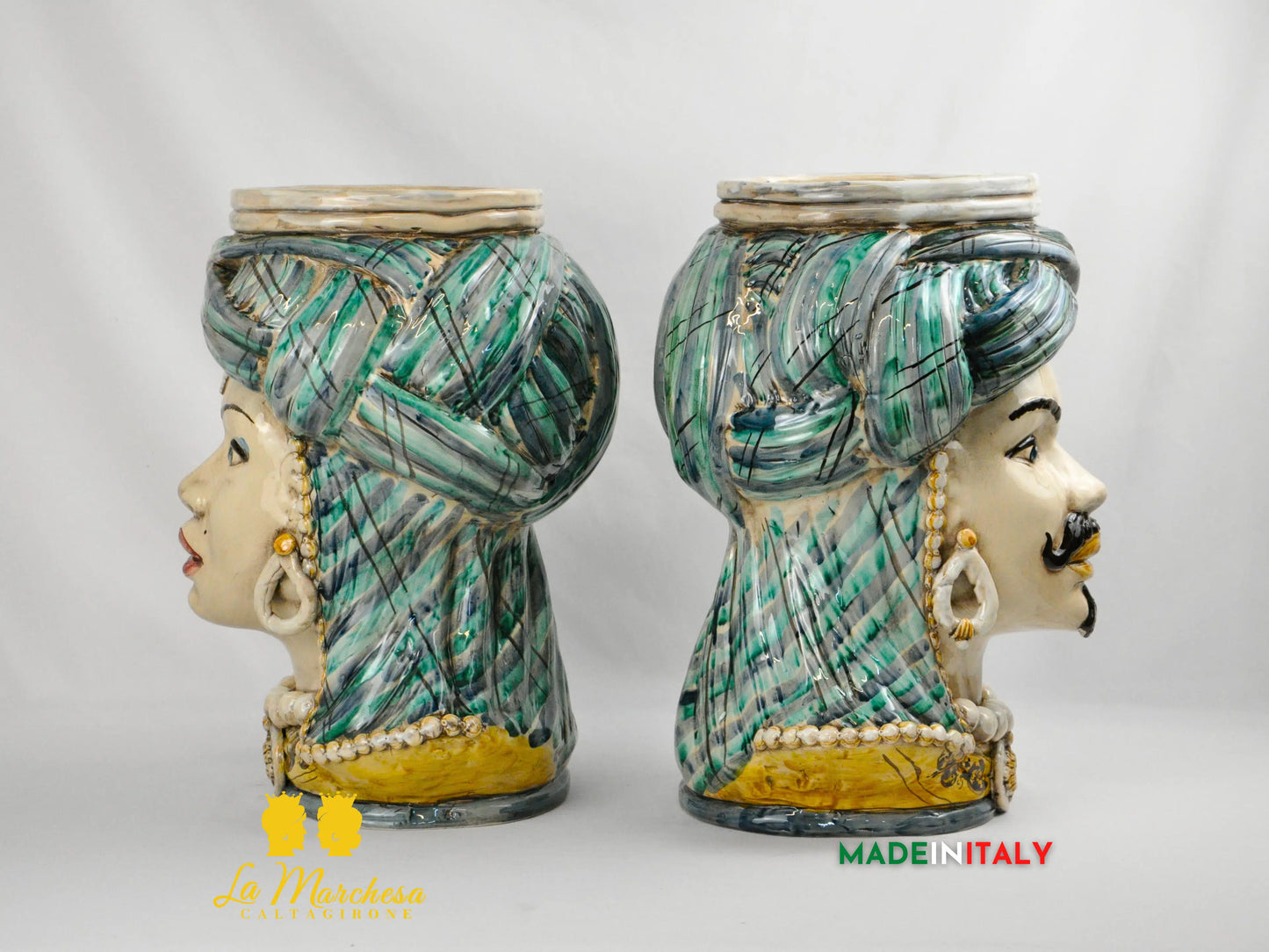 Teste di Moro Busto Turbante Verde in Ceramica di Caltagirone 43cm