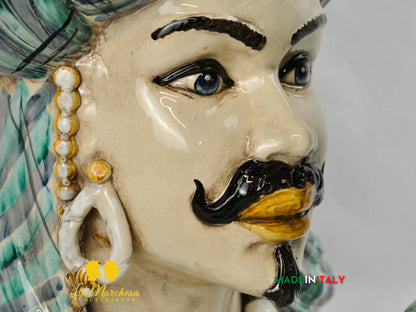 Teste di Moro Busto Turbante Verde in Ceramica di Caltagirone 43cm