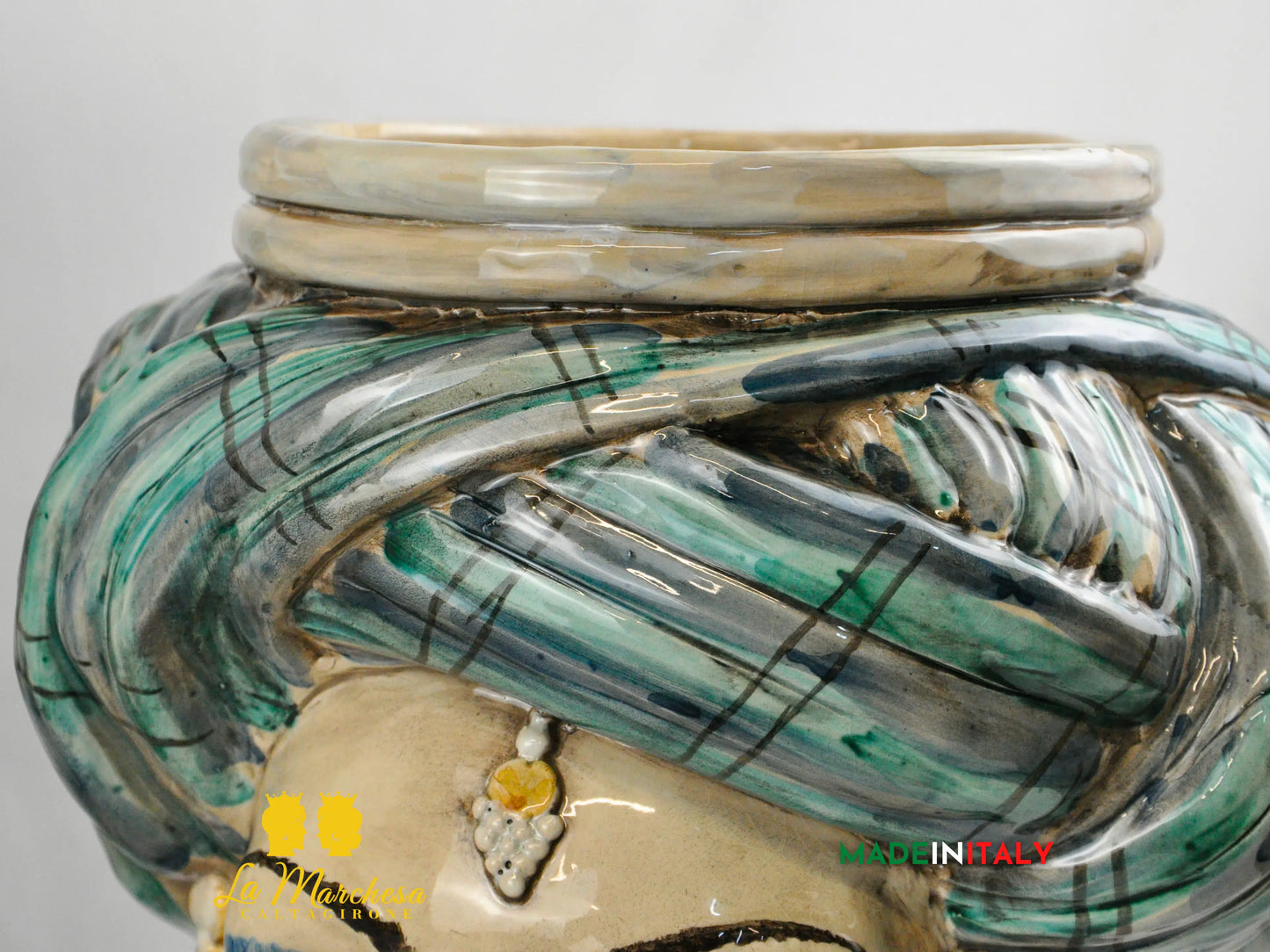 Teste di Moro Busto Turbante Verde in Ceramica di Caltagirone 43cm