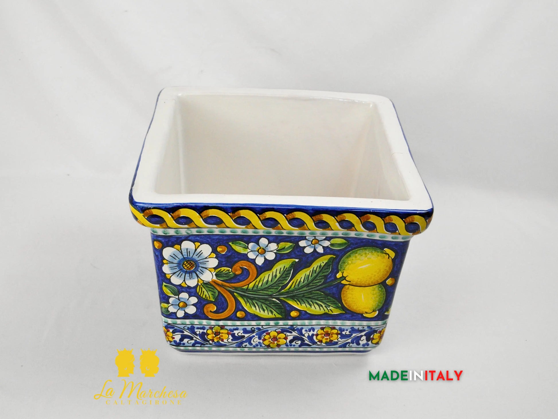 Fioriera Quadrata Decorata in Ceramica di Caltagirone 31cm