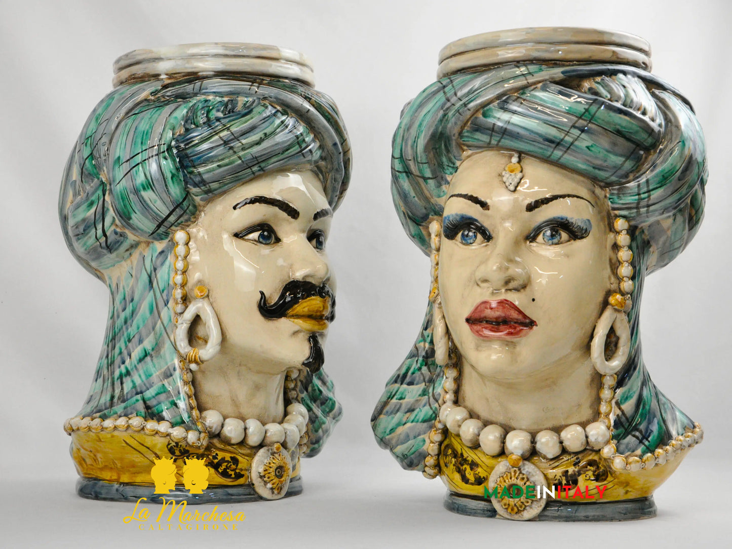 Teste di Moro Busto Turbante Verde in Ceramica di Caltagirone 43cm