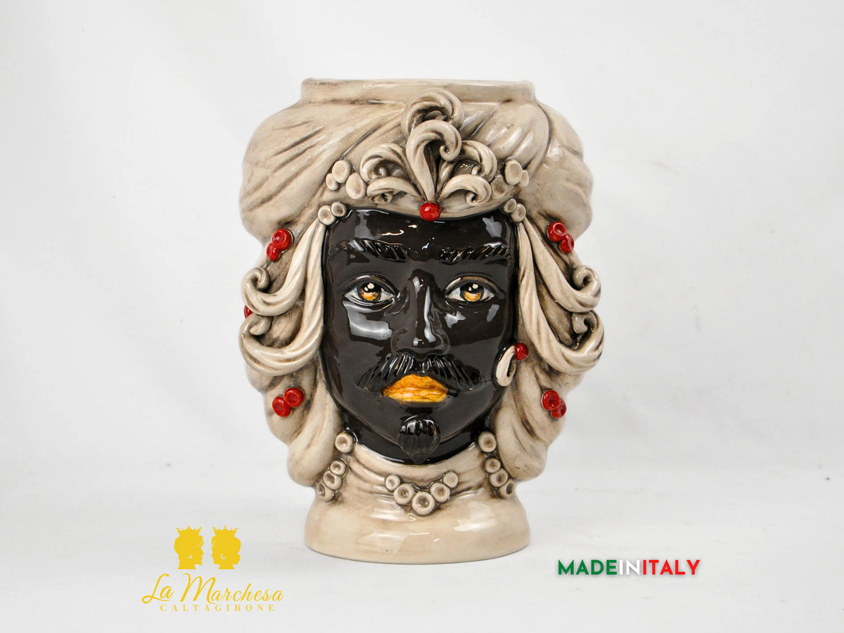 Teste di Moro in Ceramica di Caltagirone Etna Fumè Dettagli Colorati - Vari Modelli