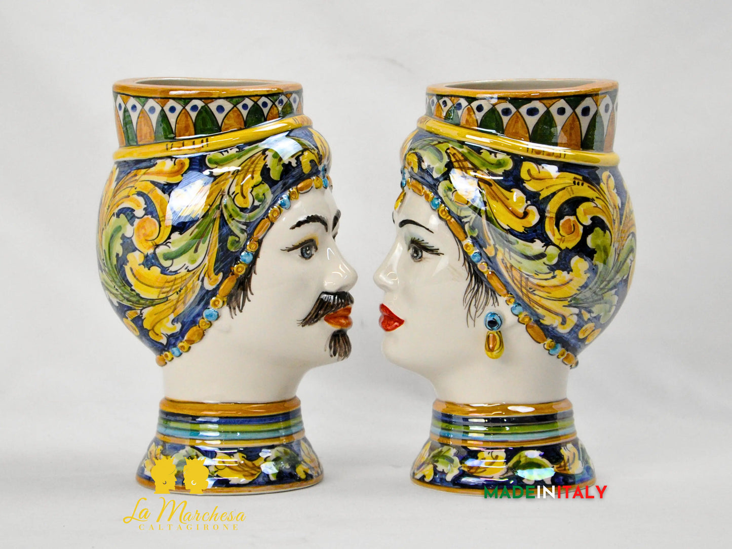 Teste di Moro Madreperla in Ceramica di Caltagirone Ornato 22cm
