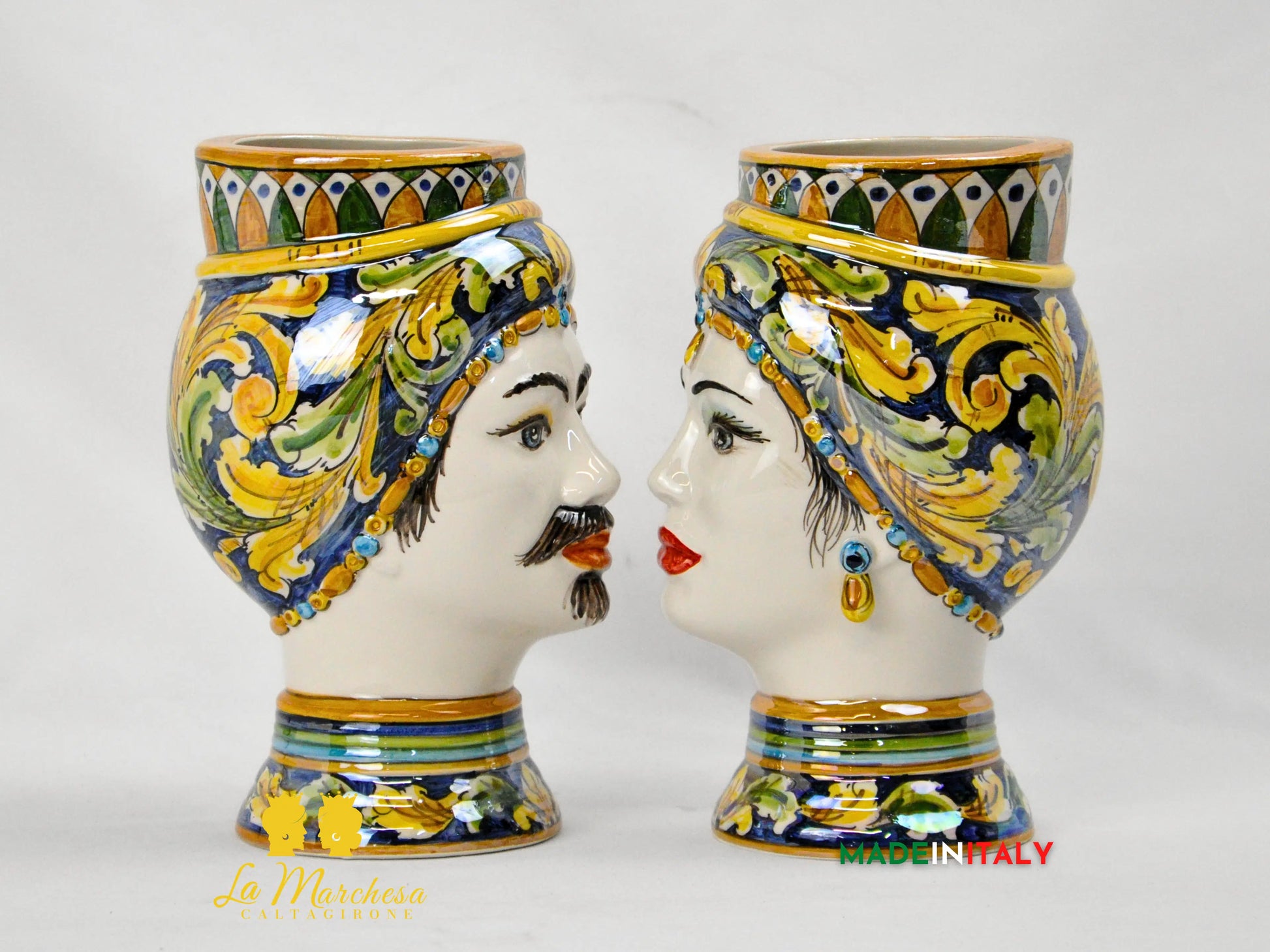 Teste di Moro Madreperla in Ceramica di Caltagirone Ornato 22cm