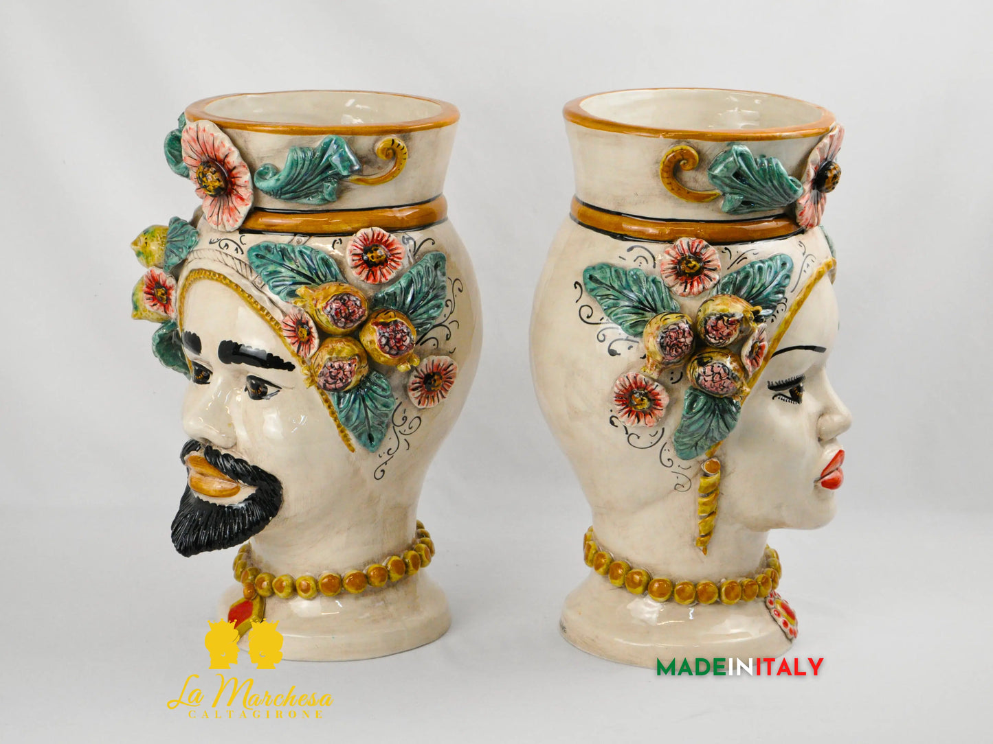 Teste di Moro Fiori e Frutta Ceramica di Caltagirone H40