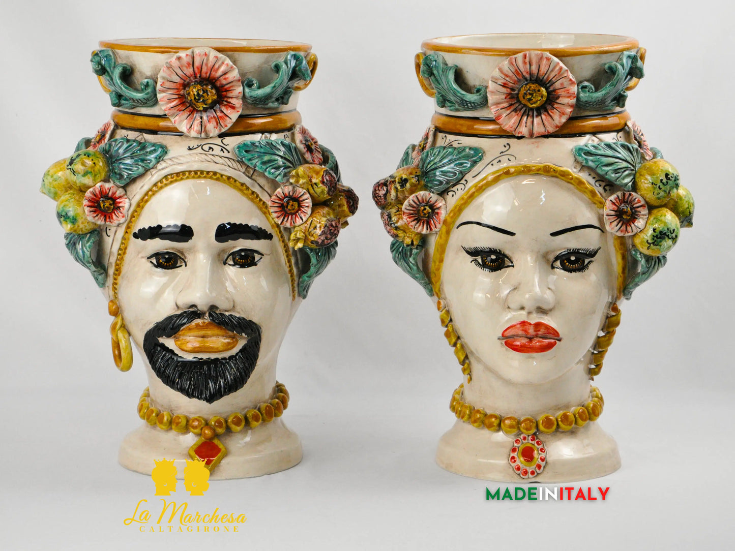 Teste di Moro Fiori e Frutta Ceramica di Caltagirone H40