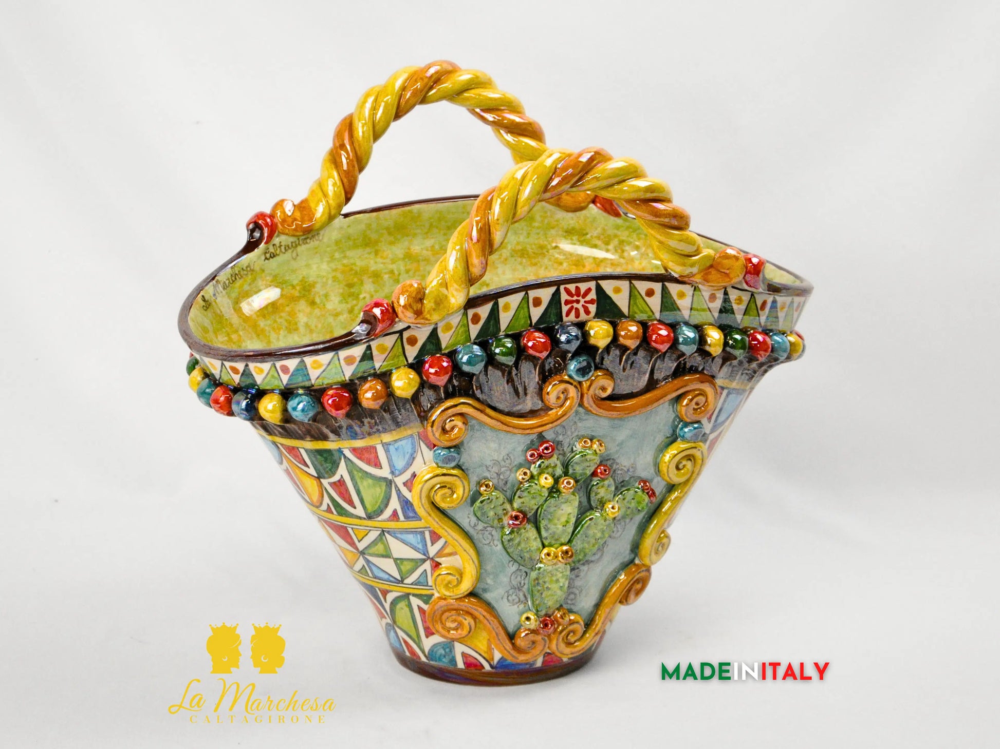 Coffa Siciliana Portavaso in Ceramica di Caltagirone Madreperla 40cm