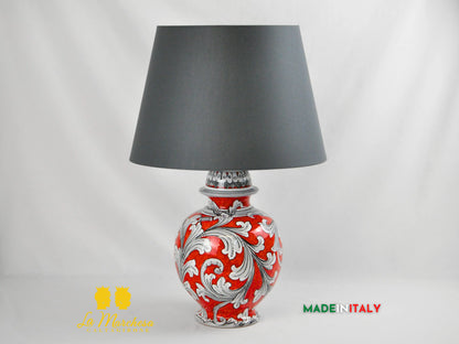 Lampada Ornato Bianco Rosso Ceramica di Caltagirone Paralume 60cm