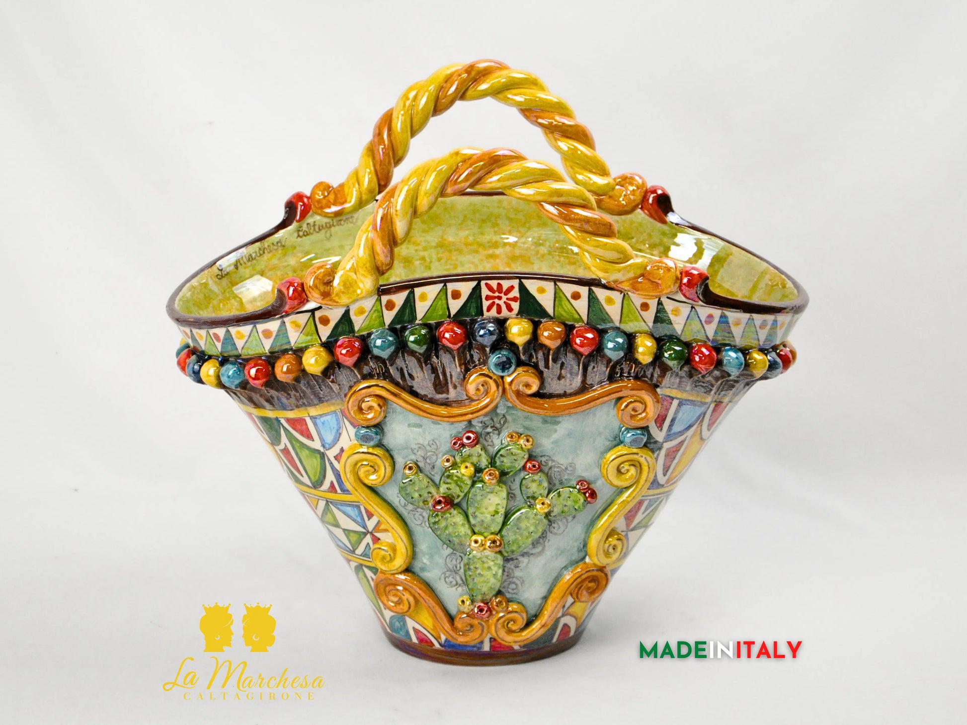 Coffa Siciliana Portavaso in Ceramica di Caltagirone Madreperla 40cm