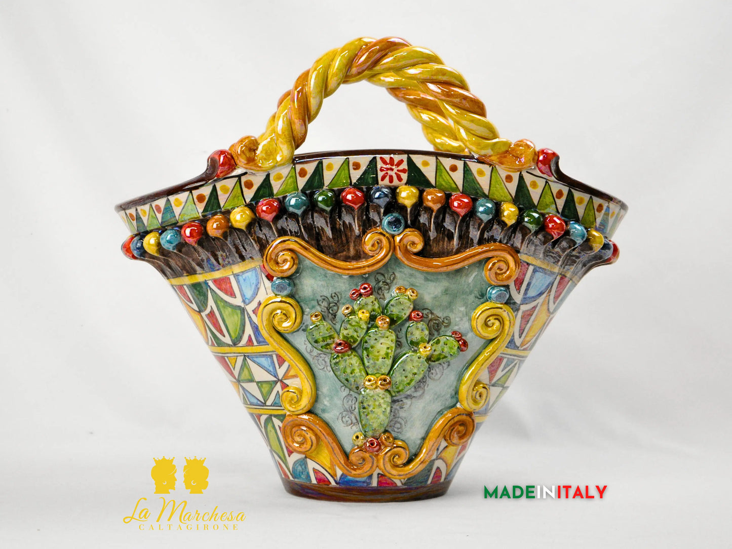 Coffa Siciliana Portavaso in Ceramica di Caltagirone Madreperla 40cm