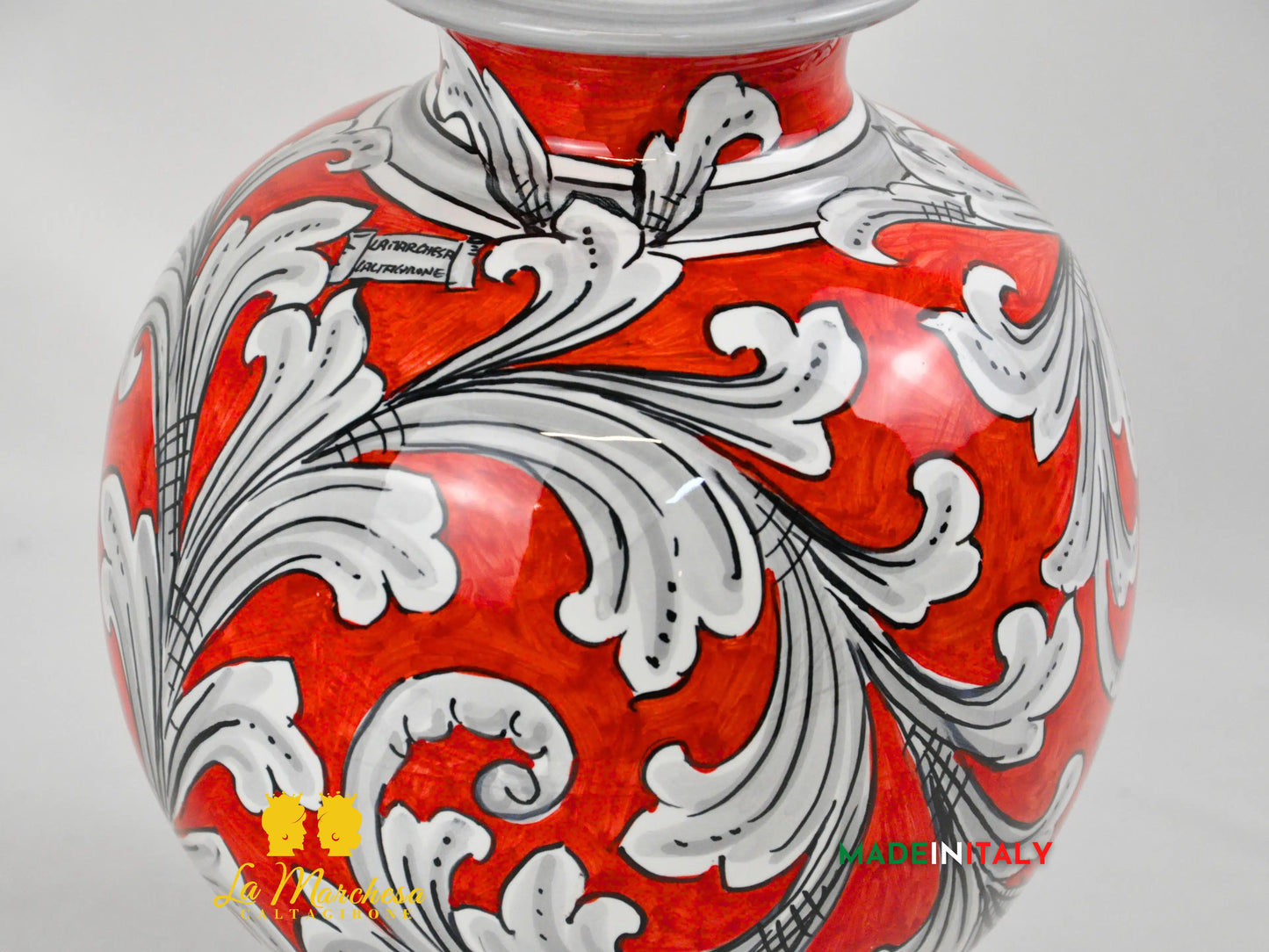 Lampada Ornato Bianco Rosso Ceramica di Caltagirone Paralume 60cm