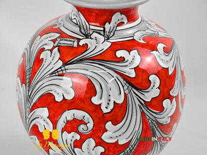 Lampada Ornato Bianco Rosso Ceramica di Caltagirone Paralume 60cm