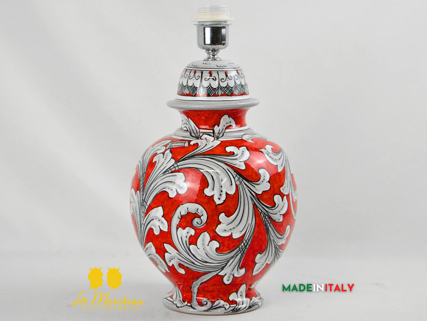 Lampada Ornato Bianco Rosso Ceramica di Caltagirone Paralume 60cm