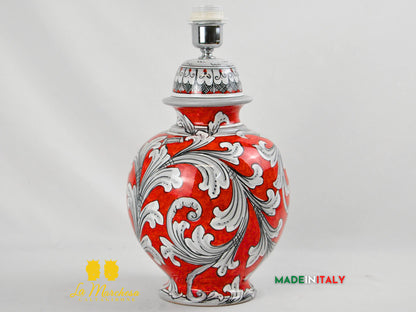 Lampada Ornato Bianco Rosso Ceramica di Caltagirone Paralume 60cm