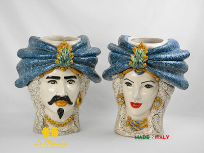 Teste di Moro Turbante Blu in Ceramica di Caltagirone 39cm