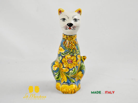 Gatto Aristogatto Ornato Blu in Ceramica di Caltagirone 25cm
