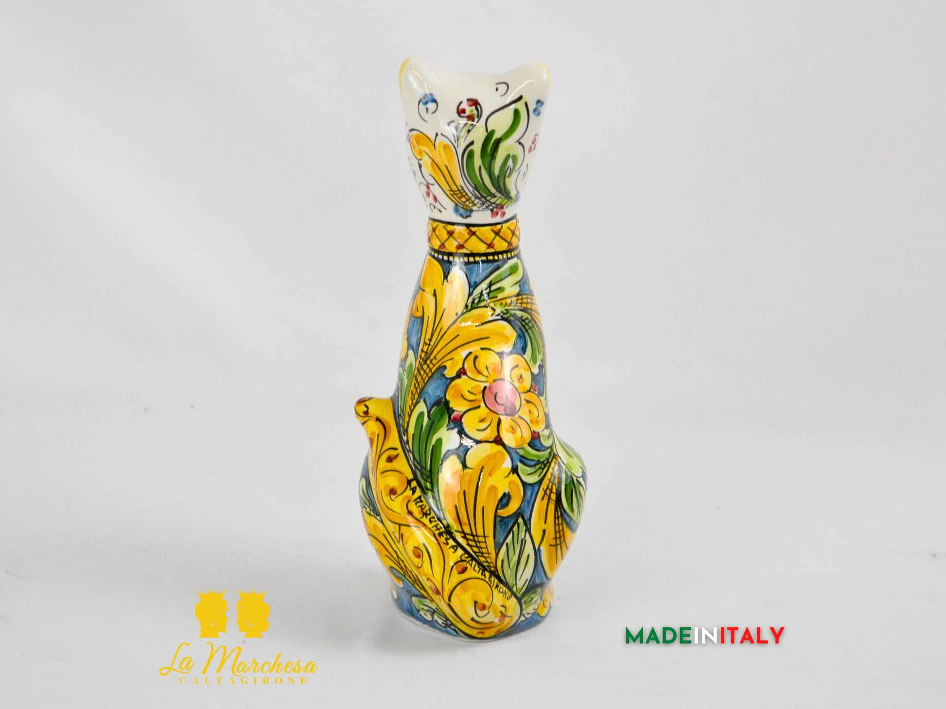 Gatto Aristogatto Ornato Blu in Ceramica di Caltagirone 25cm